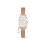Rectangular rose gold women’s watch with a crystal-set bezel, white mother of pearl dial, and a rose gold mesh strap, featuring a sparkling Cancer zodiac charm attached to the band.