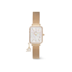 Quadro Crystal Zodiac Evergold Set featuring a rectangular gold case with a crystal-set bezel, white mother of pearl dial, gold mesh strap, and an interchangeable sparkling zodiac charm.