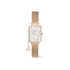 Refined gold women’s watch with a rectangular crystal bezel, white mother of pearl dial, and an adjustable gold mesh strap, finished with a sparkling crystal zodiac charm.