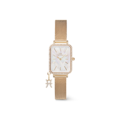 Gold rectangular women’s watch with a crystal-studded bezel, white mother of pearl dial, and an adjustable gold mesh strap, finished with a sparkling crystal zodiac charm.