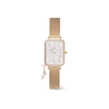 Gold rectangular women’s watch with a crystal-embellished bezel, white mother of pearl dial, and an adjustable gold mesh strap, finished with a sparkling crystal zodiac charm.