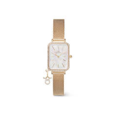 Gold rectangular women’s watch with a crystal bezel, white mother of pearl dial, and an adjustable gold mesh strap, finished with a sparkling crystal zodiac charm for a personalised accent.