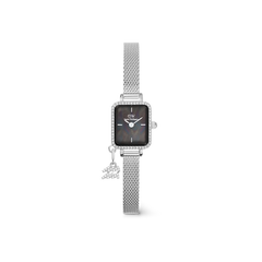Quadro Mini Crystal Zodiac Sterling Set featuring a rectangular black mother of pearl dial, crystal-set bezel, silver mesh strap, and a sparkling zodiac charm for a personalised, elegant finish.