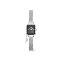 Quadro Mini Crystal Zodiac Sterling Set with a rectangular black mother of pearl dial, crystal-encrusted bezel, silver mesh strap, and a detachable zodiac charm, offering a chic and personalised look for women.
