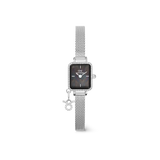 Quadro Mini Crystal Zodiac Sterling Set featuring a rectangular black mother of pearl dial, crystal-set bezel, fine silver mesh strap, and a detachable sparkling zodiac charm for a personalised, elegant look.