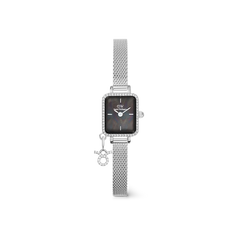 Quadro Mini Crystal Zodiac Sterling Set featuring a rectangular black mother of pearl dial, crystal-set bezel, fine silver mesh strap, and a detachable sparkling zodiac charm for a personalised, elegant look.