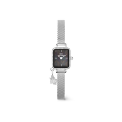 Quadro Mini Crystal Zodiac Sterling Set with a rectangular black mother of pearl dial, crystal-set bezel, silver mesh strap, and a sparkling detachable zodiac charm, offering a refined and contemporary women’s watch.