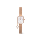 Quadro Mini Crystal Zodiac Melrose Set with a rose gold mesh strap, rectangular crystal-framed case, white mother of pearl dial, and a sparkling zodiac charm for a personalised, elegant touch.