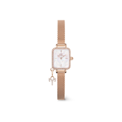 Quadro Mini Crystal Zodiac Melrose Set with a rose gold mesh strap, rectangular crystal-framed case, white mother of pearl dial, and a sparkling zodiac charm for a personalised, elegant touch.