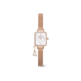 Rose gold women’s watch with a rectangular crystal-set case, white mother of pearl dial, and a fine mesh strap, featuring a sparkling zodiac charm for a personalised touch.