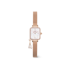 Rose gold women’s watch with a rectangular crystal-set case, white mother of pearl dial, and a fine mesh strap, featuring a sparkling zodiac charm for a personalised touch.