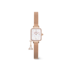 Elegant rose gold women’s watch with a rectangular crystal-set case, white mother of pearl dial, and a fine mesh strap, finished with a sparkling zodiac charm for a personalised look.