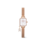 Quadro Mini Crystal Zodiac Melrose Set featuring a rose gold mesh strap, rectangular crystal-trimmed case, white mother of pearl dial, and a sparkling zodiac charm for a personalised finish.
