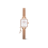 Rose gold Quadro Mini Crystal Zodiac Melrose women’s watch with a rectangular crystal-edged case, white mother of pearl dial, and a mesh strap featuring a sparkling zodiac charm.