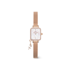 Rose gold Quadro Mini Crystal Zodiac Melrose women’s watch with a rectangular crystal-edged case, white mother of pearl dial, and a mesh strap featuring a sparkling zodiac charm.