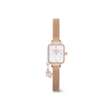 Quadro Mini Crystal Zodiac Melrose women’s watch in rose gold with a rectangular crystal-trimmed case, white mother of pearl dial, mesh strap, and a sparkling zodiac charm for a personalised detail.