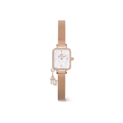 Quadro Mini Crystal Zodiac Melrose women’s watch in rose gold with a rectangular crystal-trimmed case, white mother of pearl dial, mesh strap, and a sparkling zodiac charm for a personalised detail.