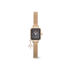 Quadro Mini Crystal Zodiac Evergold watch with a gold mesh strap, rectangular crystal-set bezel, black mother of pearl dial, and a sparkling zodiac charm for a personalised, elegant look.
