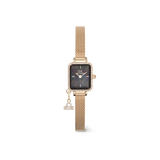 Elegant gold women’s watch with a rectangular crystal-framed case, black mother of pearl dial, gold mesh strap, and a sparkling Leo zodiac charm.