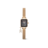 Gold rectangular women’s watch with a black mother of pearl dial, crystal-embellished bezel, gold mesh strap, and a sparkling Virgo zodiac charm.