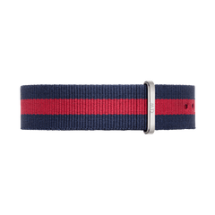 Navy and red striped NATO watch strap with silver buckle, designed for 40mm Daniel Wellington watches.