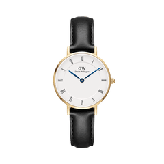 Petite Roman Numerals Sheffield Gold women’s watch with gold case, white dial, blue hands, and black leather strap.
