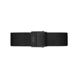 Matte black stainless steel mesh watch strap with a fold-over clasp, featuring a subtle woven texture and engraved detailing, designed for Daniel Wellington timepieces.