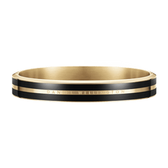 Daniel Wellington Emalie Infinite Gold Black bracelet with polished gold finish, dual black enamel stripes, and subtle engraved branding.