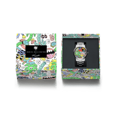Steven Harrington x Daniel Wellington Iconic Link Multicolor watch displayed in a vibrant, artist-designed gift box featuring playful illustrations that match the colourful dial.