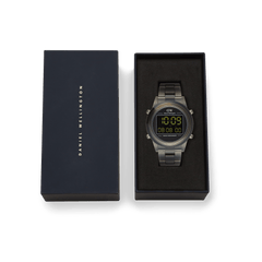 Daniel Wellington Retro Digital Dark Grey watch with a stainless steel link strap, presented in its branded gift box.