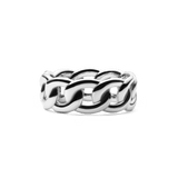 Polished silver chunky chain ring featuring bold, interlocking sculptural links with a smooth, reflective finish, designed for a modern and timeless look.