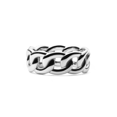 Polished silver chunky chain ring featuring bold, interlocking sculptural links with a smooth, reflective finish, designed for a modern and timeless look.