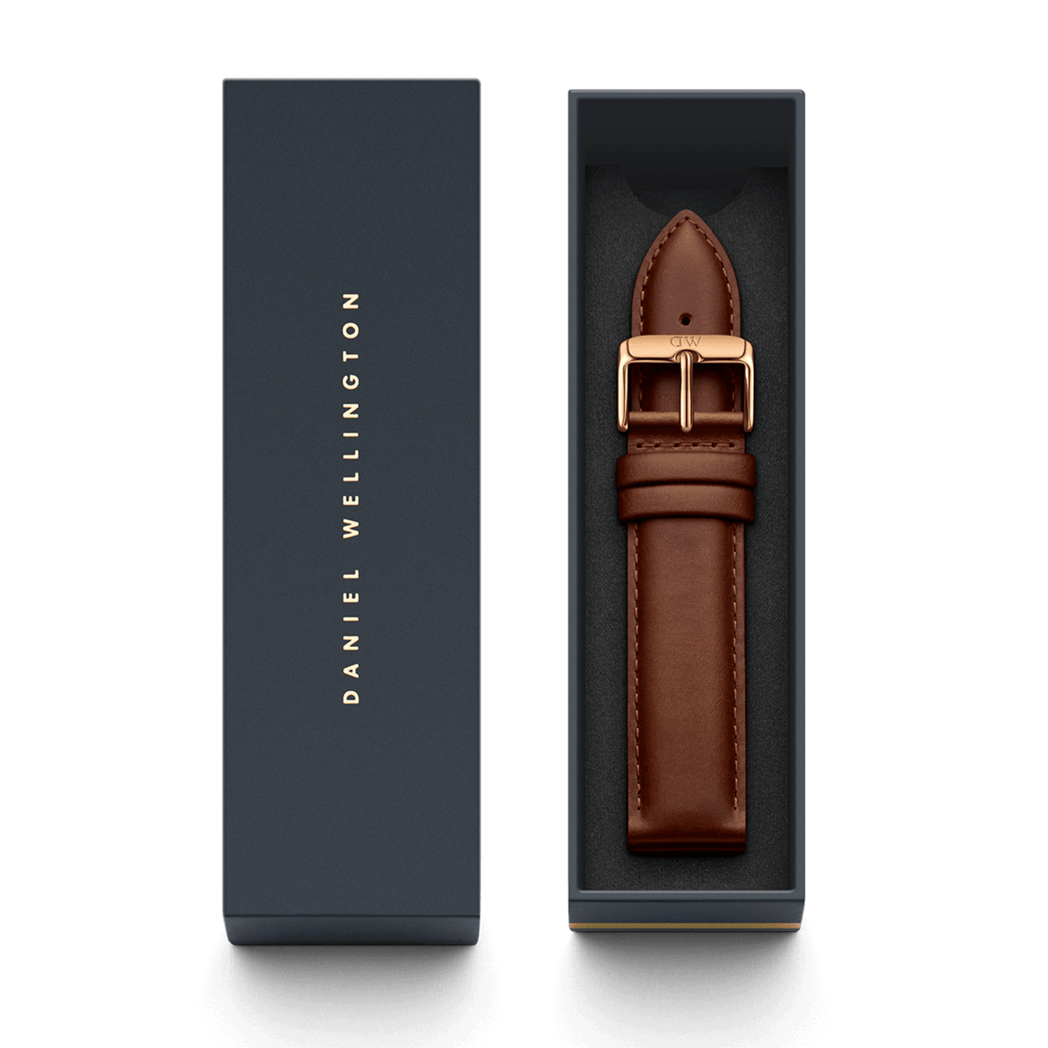 St Mawes XL Strap Rose Gold presented in a sleek Daniel Wellington gift box, featuring a light brown genuine leather strap with a polished rose gold buckle and refined stitching.