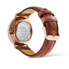 Rear view of the Classic Multi-Eye St Mawes Off-white Sunray Rose Gold watch, showing the engraved stainless steel case back, adjustable genuine brown leather strap, and rose gold pin buckle.