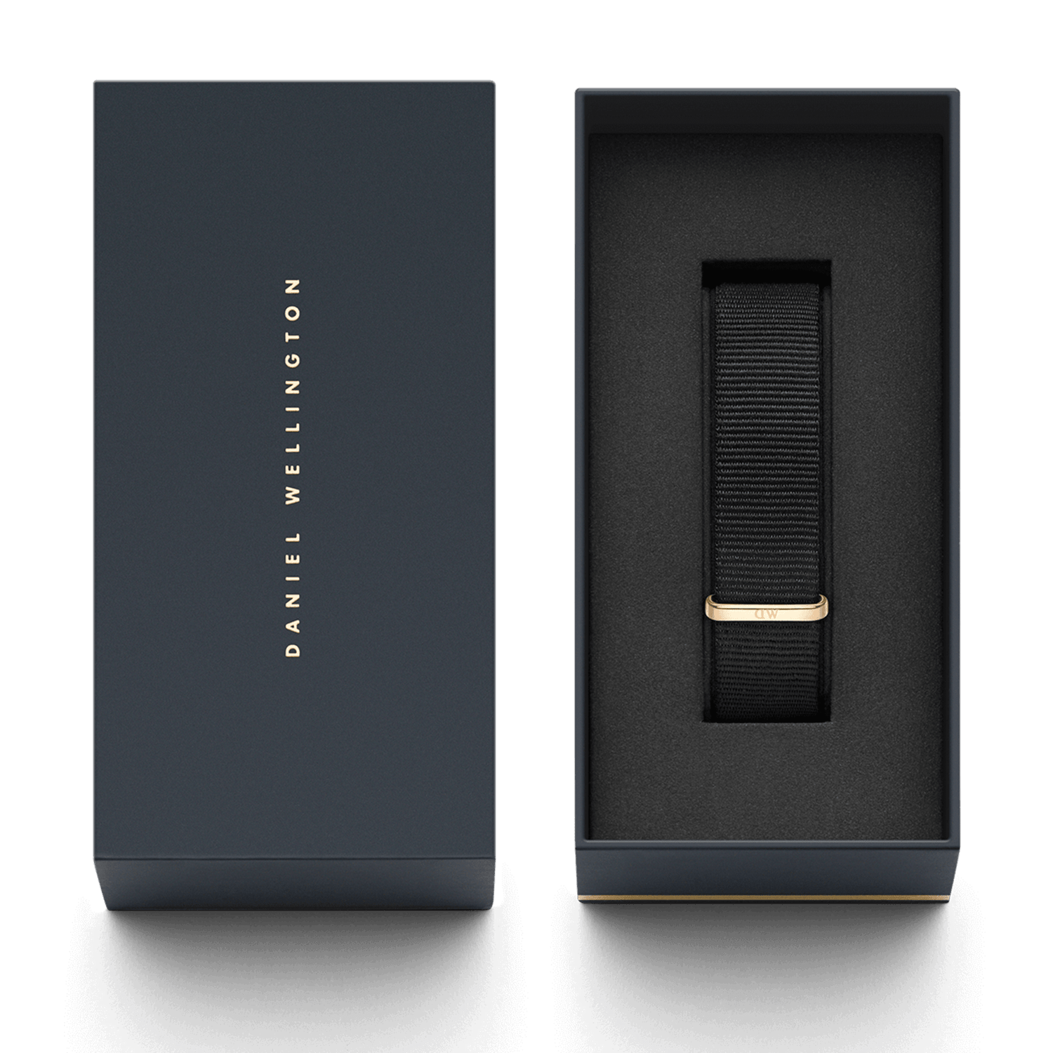 Cornwall Strap Rose Gold presented in a sleek Daniel Wellington gift box, featuring a black polyester NATO watch strap with a rose gold loop for a refined and modern look.