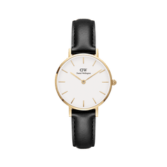 Daniel Wellington Petite Sheffield Gold women’s watch with gold case, white minimalist dial, and black leather strap.