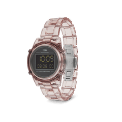 Retro Digital Dark Pink women’s watch with a transparent pastel pink bio-based plastic strap, stainless steel butterfly buckle, and a black digital dial showing dual time and chronograph functions.
