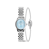 Silver Daniel Wellington Ophelia Mini watch with ice blue dial and matching Elan Unity twisted silver bracelet set.