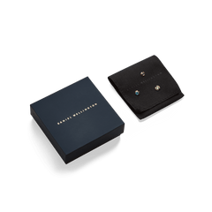 Daniel Wellington December Charm Rose Gold with a blue crystal, presented on a black jewellery pouch alongside a branded gift box.