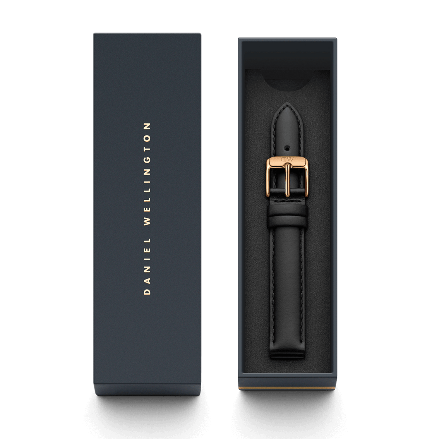 Sheffield Strap Rose Gold presented in a Daniel Wellington gift box, featuring smooth black Italian leather and a polished rose gold buckle for a refined and elegant watch upgrade.