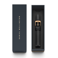 Sheffield Strap Rose Gold presented in a Daniel Wellington gift box, featuring smooth black Italian leather and a polished rose gold buckle for a refined and elegant watch upgrade.