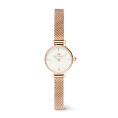 Petite Mini Melrose women’s watch with a slim 19mm round white dial, rose gold mesh strap, and minimalist detailing, designed for small wrists and elegant everyday wear.