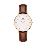 Daniel Wellington Petite St Mawes Rose Gold women’s watch with white dial, rose gold case, and brown Italian leather strap.