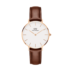 Daniel Wellington Petite St Mawes Rose Gold women’s watch with white dial, rose gold case, and brown Italian leather strap.