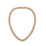 Chunky rose gold chain necklace with rounded curb links and a polished finish, featuring a secure fold-over clasp and subtle branding detail.