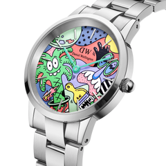 Daniel Wellington limited edition watch featuring a polished silver link bracelet and a colourful Steven Harrington illustrated dial with playful, abstract characters.
