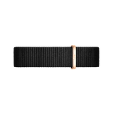 Cornwall Strap Rose Gold showcases a durable black polyester NATO watch strap with a refined rose gold loop, designed for Daniel Wellington watches and offering a modern, elegant finish.