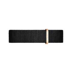 Cornwall Strap Rose Gold showcases a durable black polyester NATO watch strap with a refined rose gold loop, designed for Daniel Wellington watches and offering a modern, elegant finish.