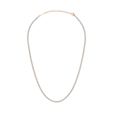 Rose gold tennis necklace featuring a row of individually set crystals, crafted from polished stainless steel with an adjustable clasp for a tailored fit. The classic, elegant design offers a refined touch suitable for both everyday wear and special occasions.
