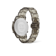 Rear view of the Daniel Wellington Retro Digital Light Grey watch showing the engraved stainless steel case back and transparent bio-based plastic strap.